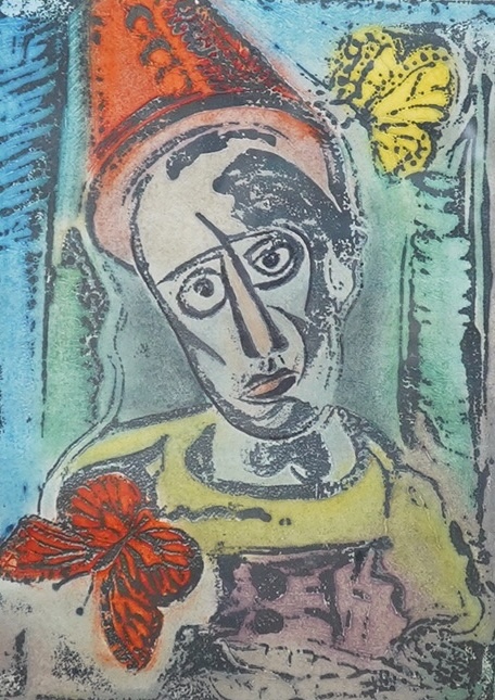 Peter Carreras, linocut etching, ‘Boy with Butterflies’, signed in pencil, limited edition 1/10, 40 x 28cm. Condition - good